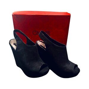 Vintage Y2K Carlos Santana Becket Black Faux Suede Peep-toe Platform Heels